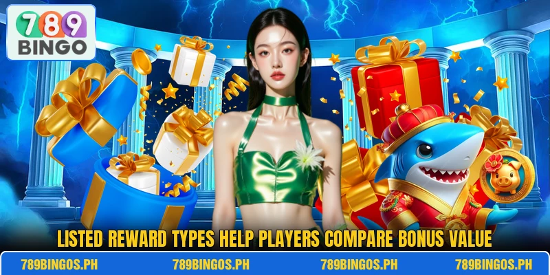 Listed reward types help players compare bonus value